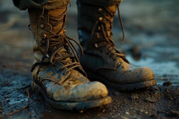 A detailed view of a pair of dirty boots. Ideal for depicting hard work, adventure, or the outdoors