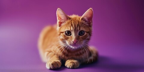 A small orange cat sitting on a purple surface. Perfect for pet lovers or animal-themed designs