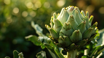 A detailed view of an artichoke plant in a garden. This image can be used to showcase the beauty of nature and gardening.