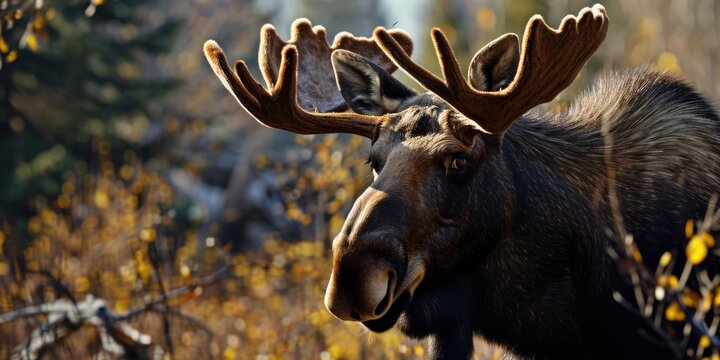 A close-up view of a moose with impressive antlers. This image can be used to depict wildlife, nature, or animal behavior