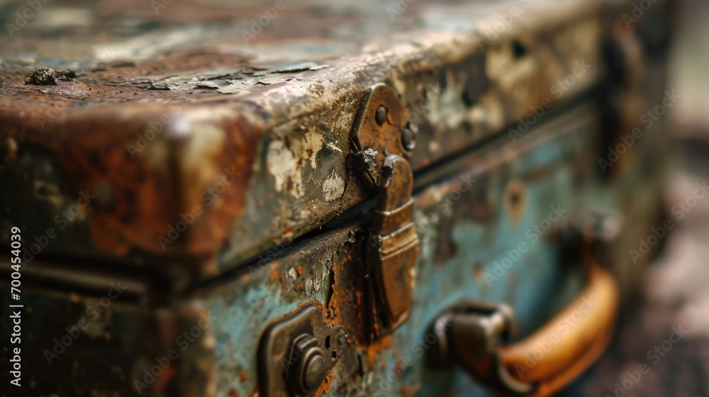 Poster a detailed view of a piece of luggage placed on a table. suitable for travel-related themes and conc