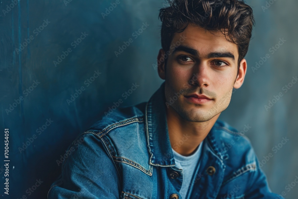 Poster a man wearing a denim jacket leaning against a wall. this versatile image can be used to convey a se