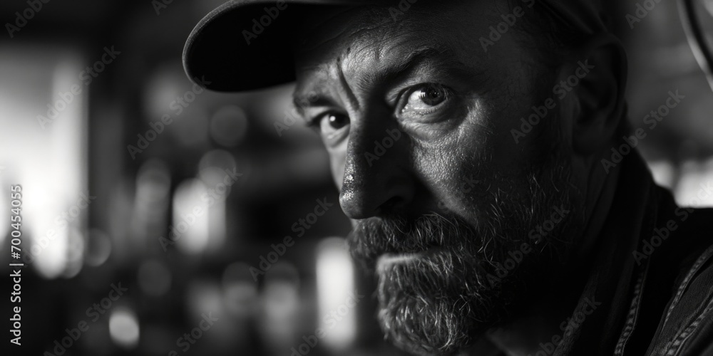 Poster a black and white photo capturing the essence of a man with a beard. this image can be used to add a