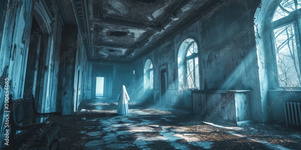 Poster a haunting image of a ghostly figure standing in an eerie abandoned building. perfect for spooky or 