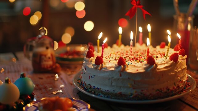 A picture of a birthday cake with lit candles, perfect for celebrating special occasions