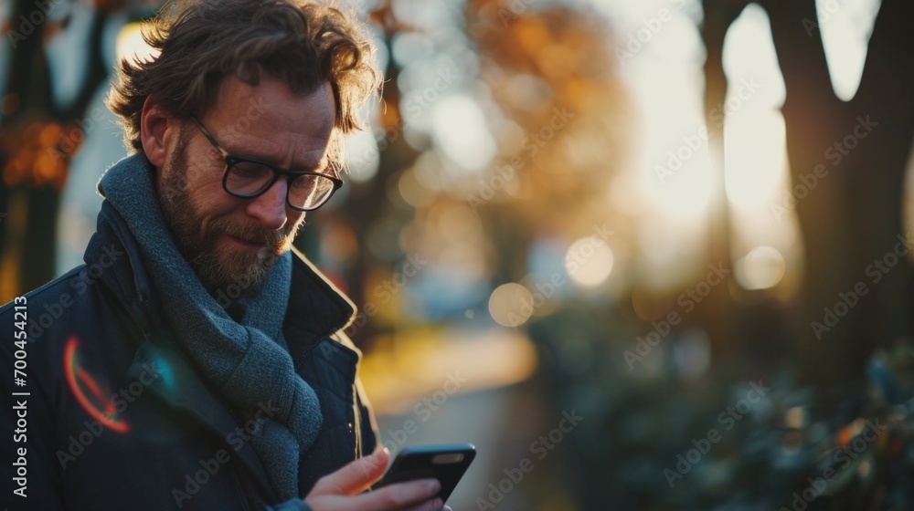 Aufkleber a man with glasses focused on his cell phone screen. suitable for technology-related projects