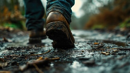 A close-up shot capturing the feet of a person walking through muddy terrain. Suitable for outdoor adventure or nature-themed projects - obrazy, fototapety, plakaty