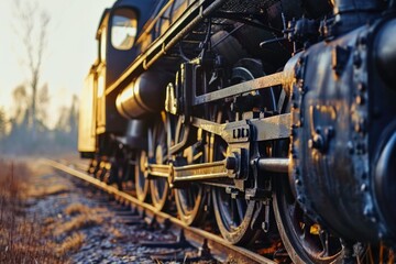 Fototapeta premium A detailed view of a train on a train track. Can be used to depict transportation, travel, or industrial themes