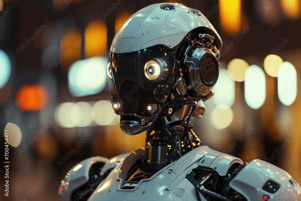 Poster A close up of a robot wearing a helmet. Perfect for futuristic and technology-themed projects