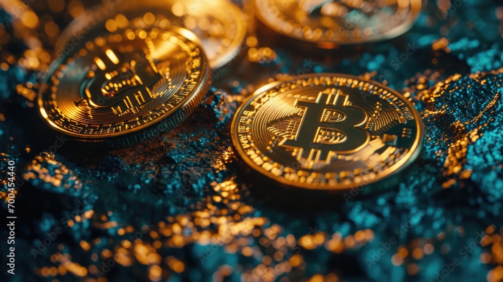 Poster a pile of bitcoins sitting on top of a table. suitable for illustrating cryptocurrency, digital curr