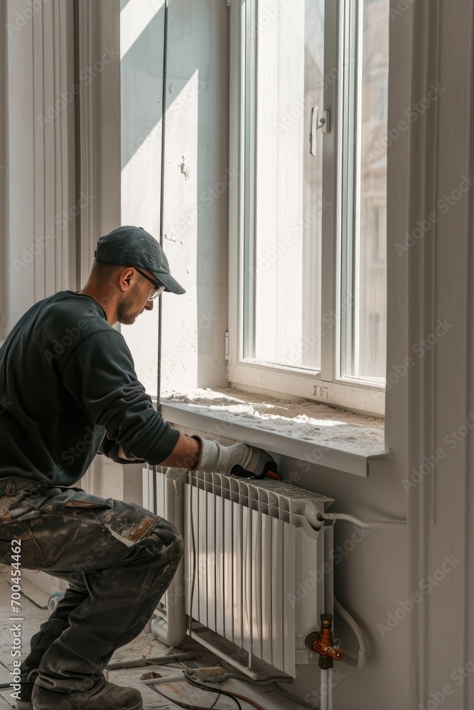 Poster A man is seen fixing a radiator in front of a window. This image can be used to illustrate home maintenance or DIY projects