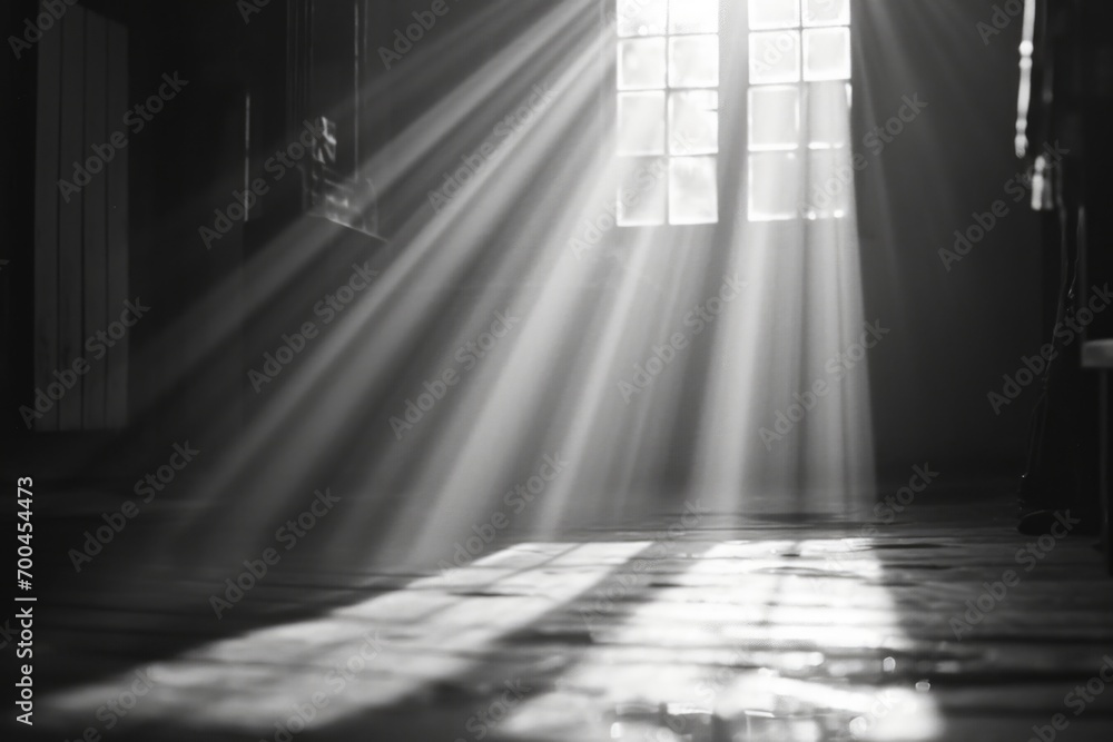 Poster A black and white photo capturing the natural sunlight streaming through a window. Perfect for adding a touch of brightness and warmth to any space
