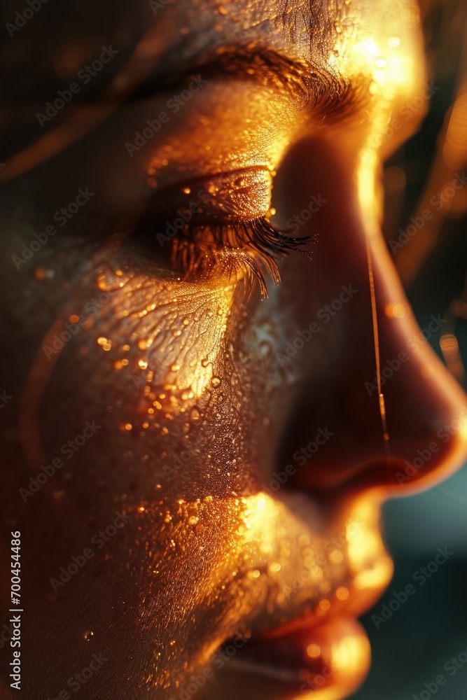 Poster A close-up shot of a person with glitter on their face. Perfect for adding a touch of sparkle to any project or event