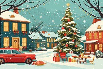A red car parked in front of a Christmas tree. Can be used for holiday-themed designs or advertisements - Powered by Adobe