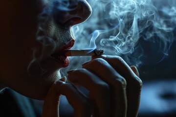 Fototapeta premium A woman is pictured smoking a cigarette in a dark room. This image can be used to depict addiction, solitude, or relaxation