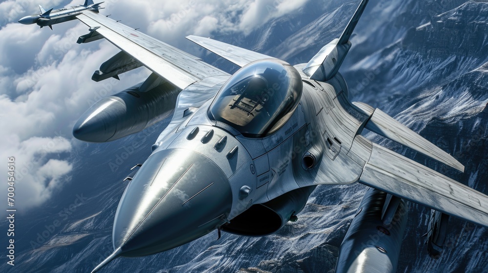 Poster a powerful fighter jet soaring through the sky above a layer of fluffy clouds. perfect for aviation 