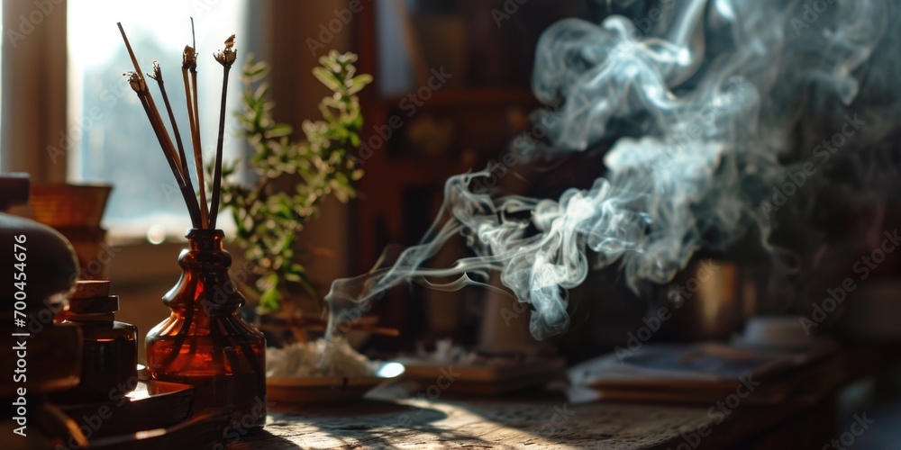 Poster A table topped with a vase filled with thick smoke. Perfect for adding a mysterious and atmospheric touch to any project