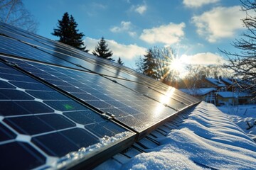 A snow-covered roof with a solar panel. Suitable for renewable energy, winter weather, and eco-friendly concepts