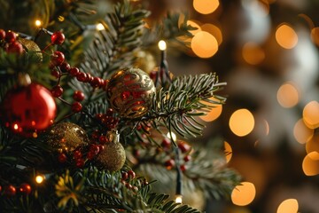 A detailed view of a Christmas tree with twinkling lights in the background. Perfect for holiday-themed designs and festive decorations