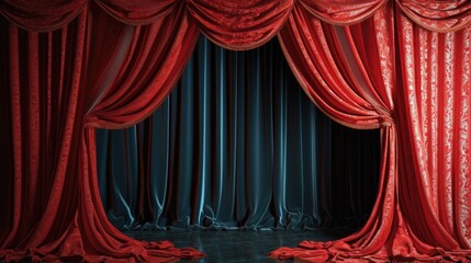 A stage with a red curtain and black floor. Ideal for theater, performances, and presentations