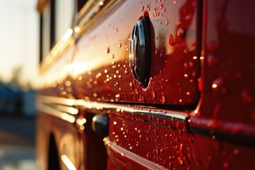 A close-up photograph showcasing a red bus with water droplets on its surface.
