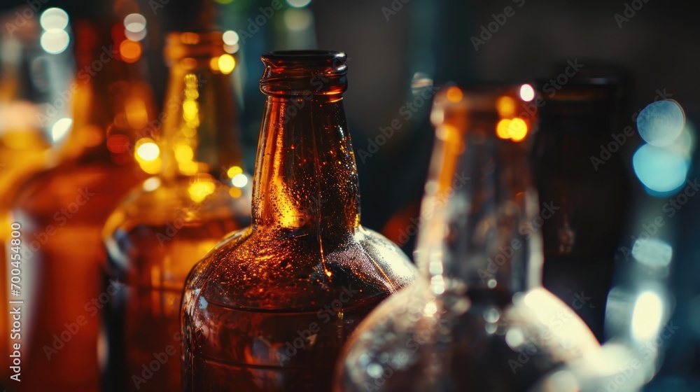 Poster a row of empty beer bottles sitting on top of a table. perfect for illustrating parties, celebration