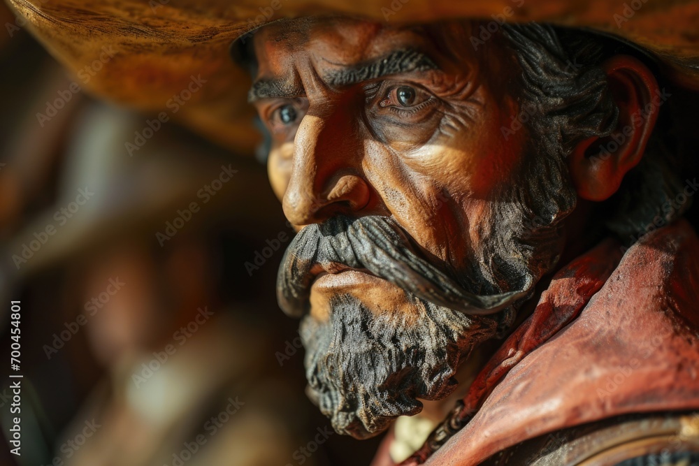 Poster a detailed close-up view of a statue depicting a man wearing a hat. this image can be used for vario