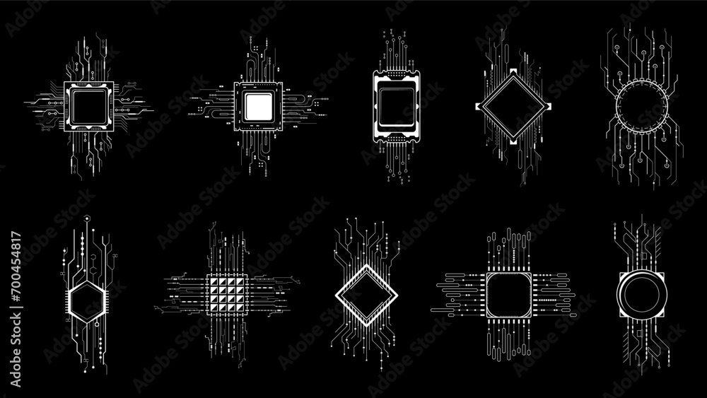 Poster set abstract collection black simple line cpu, computer, technology doodle outline element vector de
