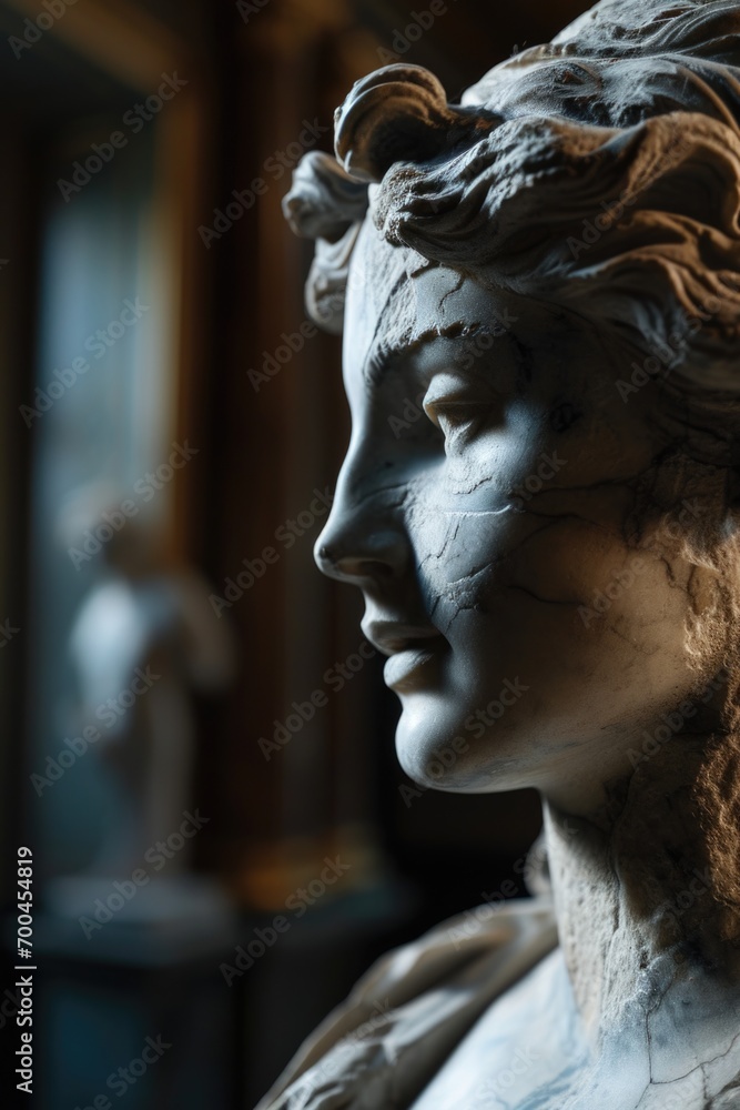 Poster A close up view of a statue depicting a woman. This image can be used for various purposes