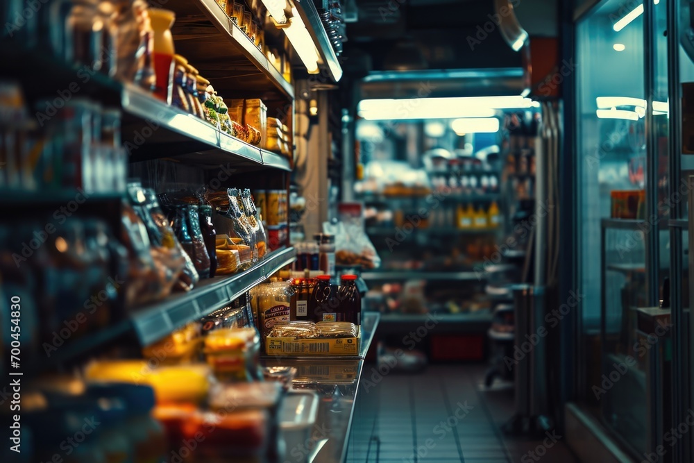 Poster a store filled with a variety of food and drinks. perfect for illustrating a well-stocked grocery st
