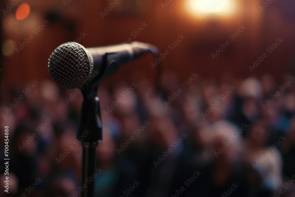 Poster a microphone placed in front of a large crowd. suitable for events, conferences, or public speaking 