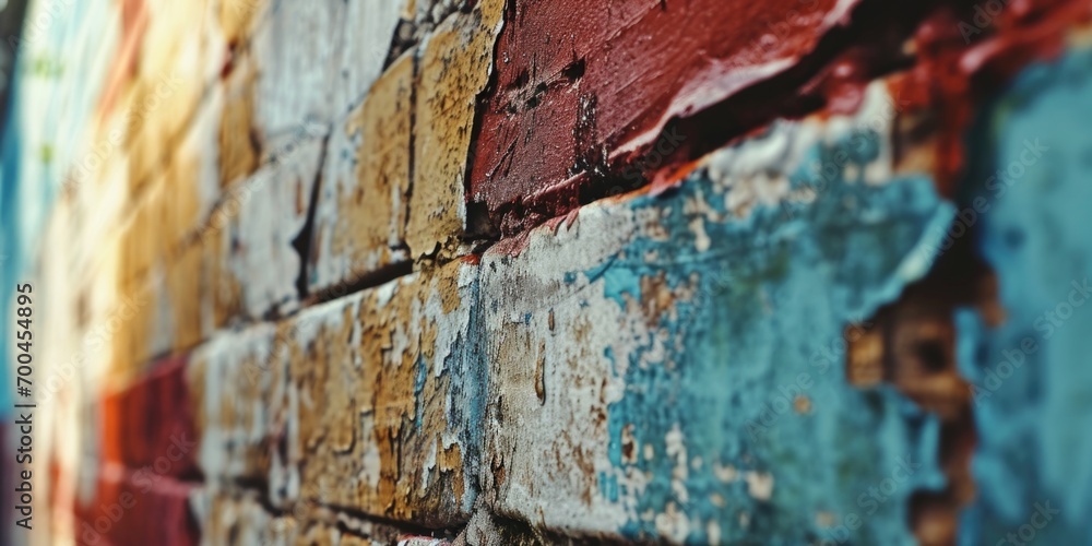 Poster a detailed view of a brick wall with peeling paint. this image can be used to depict decay, urban de
