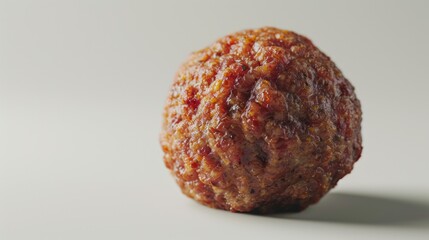 A single meatball sitting on top of a clean white surface. Can be used for food-related designs and recipes - obrazy, fototapety, plakaty