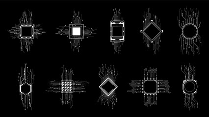 Naklejka premium Set Abstract Collection Black Simple Line Cpu, Computer, Technology Doodle Outline Element Vector Design Style Sketch Isolated On White Background Illustration