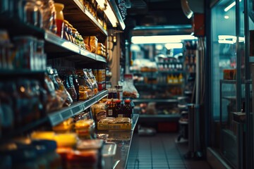 A store filled with a variety of food and drinks. Perfect for illustrating a well-stocked grocery...