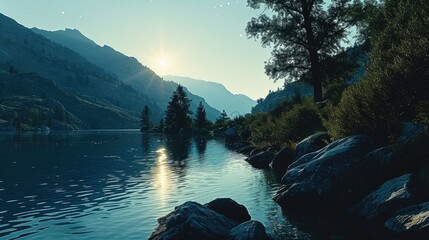A serene lake night scene in a mountainous region. Generative AI. - obrazy, fototapety, plakaty