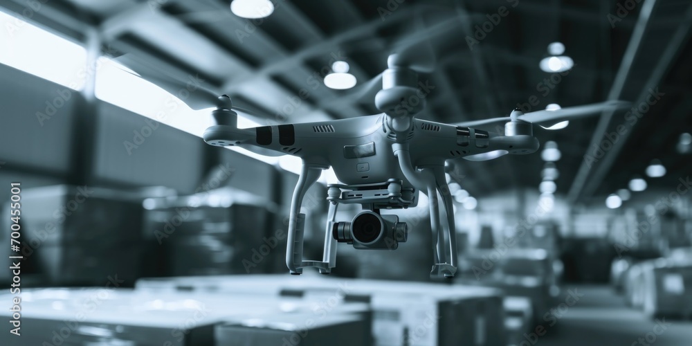 Poster a black and white photo of a drone captured inside a warehouse. this image can be used to illustrate