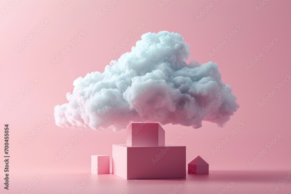 Poster A pink building with a cloud floating above it. Suitable for various uses
