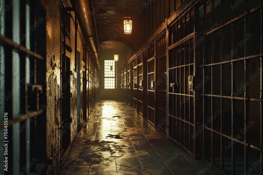 Poster a dimly lit prison hallway with bars and windows. this image can be used to depict confinement, inca