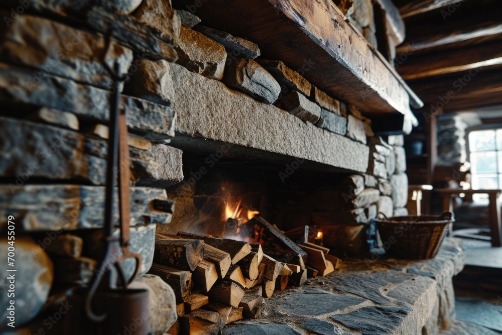 Poster a stone fireplace with a roaring fire. perfect for creating a cozy atmosphere in any home or cabin