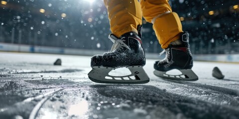 A close-up view of a person's feet wearing ice skates. This image can be used to showcase winter sports or ice skating activities