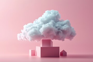 A pink building with a cloud floating above it. Suitable for various uses