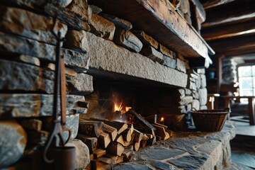 Fototapeta na wymiar A stone fireplace with a roaring fire. Perfect for creating a cozy atmosphere in any home or cabin
