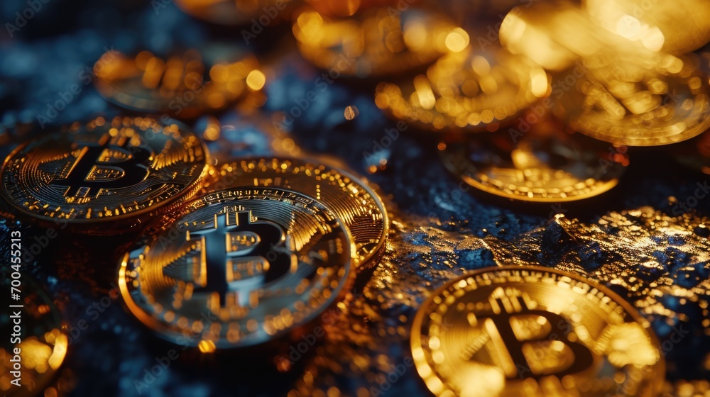 Poster a pile of bitcoins sitting on top of a table. can be used to illustrate cryptocurrency, digital curr