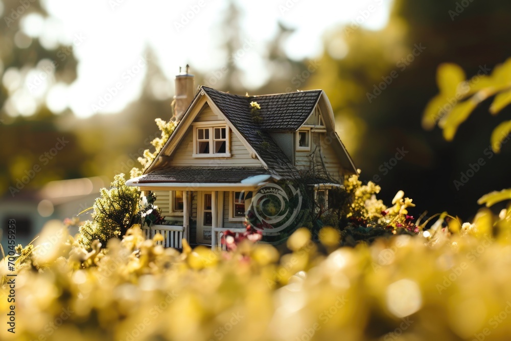 Poster a small house is placed in the center of a garden. suitable for various uses