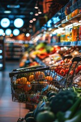A bustling grocery store with a wide variety of fresh produce. Perfect for illustrating healthy eating, shopping, or food industry concepts - obrazy, fototapety, plakaty