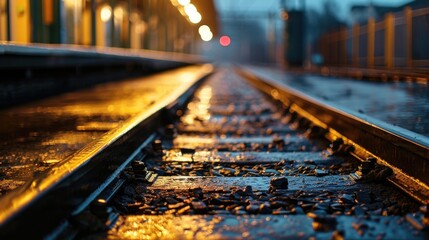 A train track glistening with rainwater. Perfect for transportation or weather-related projects