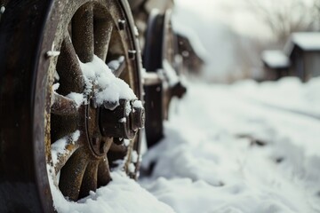 A close-up view of a tire covered in snow. Ideal for winter-themed designs and advertisements