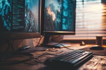 A desk with two computer monitors and a keyboard. Suitable for technology and workspace concepts - obrazy, fototapety, plakaty