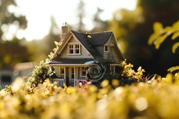 A small house is placed in the center of a garden. Suitable for various uses
